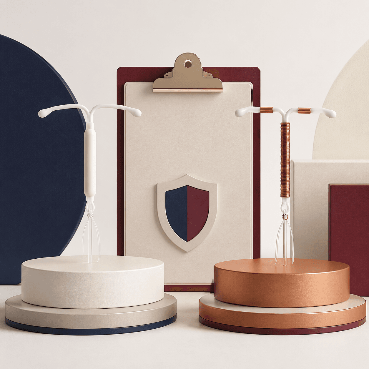 Two contraception device models with a consultation clipboard and shield