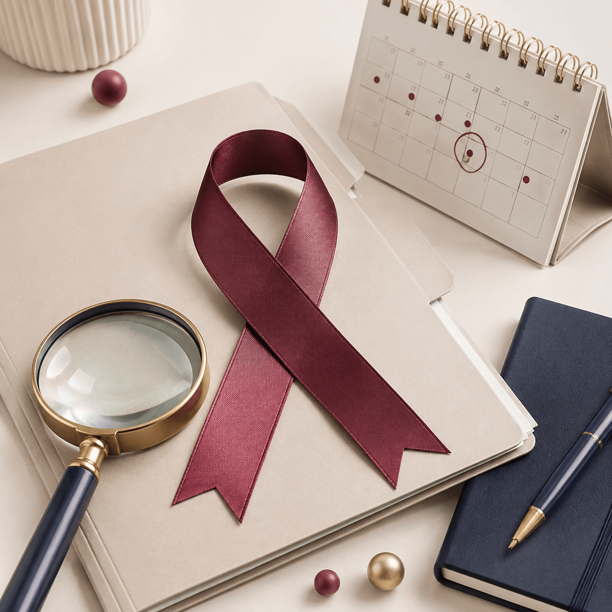 Burgundy awareness ribbon with a consultation folder and magnifying lens