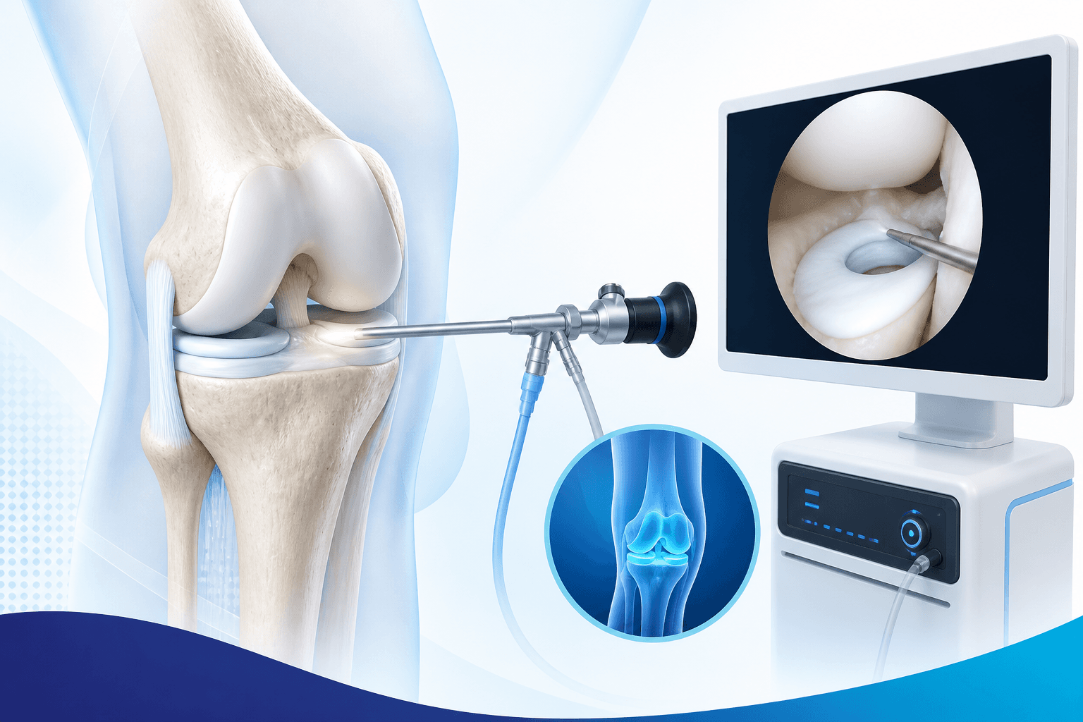 Medical illustration of a knee joint and arthroscopic procedure concept