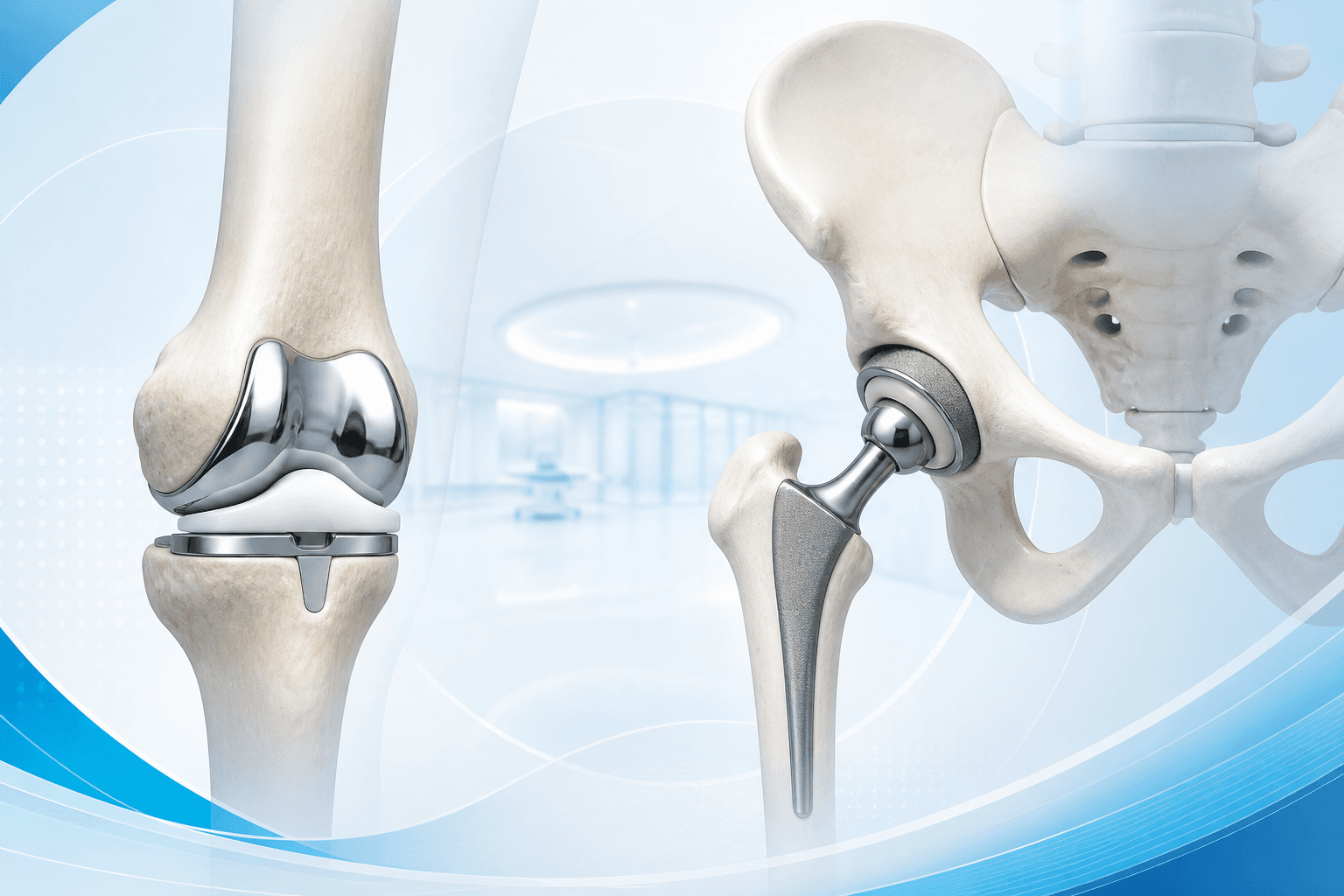 Medical illustration of knee and hip joint replacement care