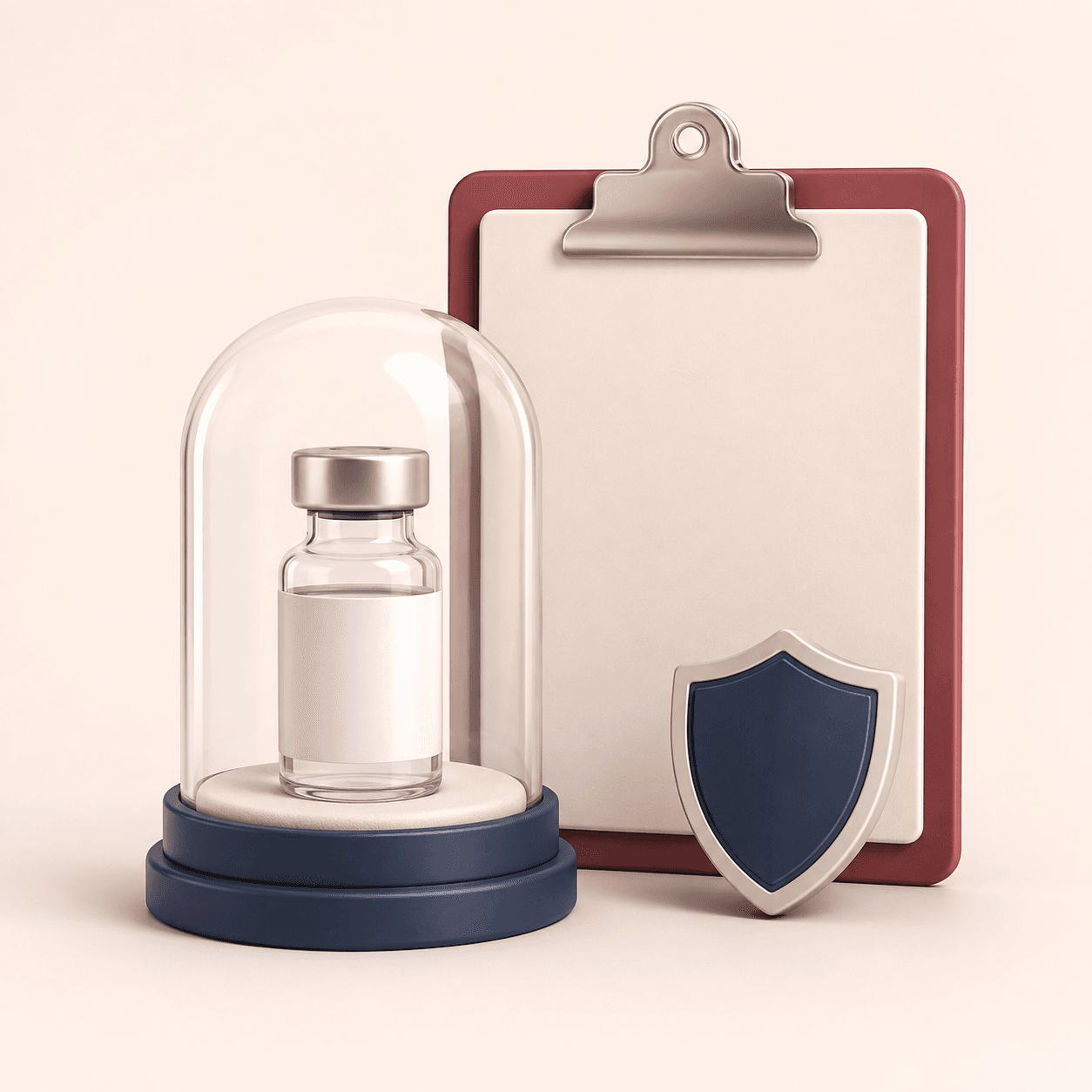 Illustrative vaccine consultation setting with a sealed vial and protective shield