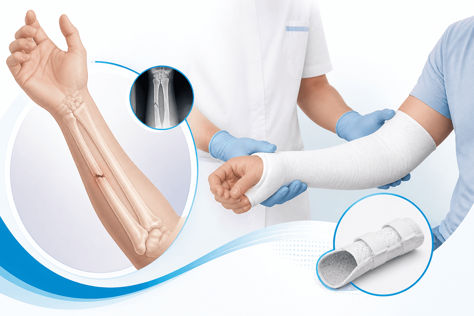 Medical illustration of a supported forearm for fracture and trauma care