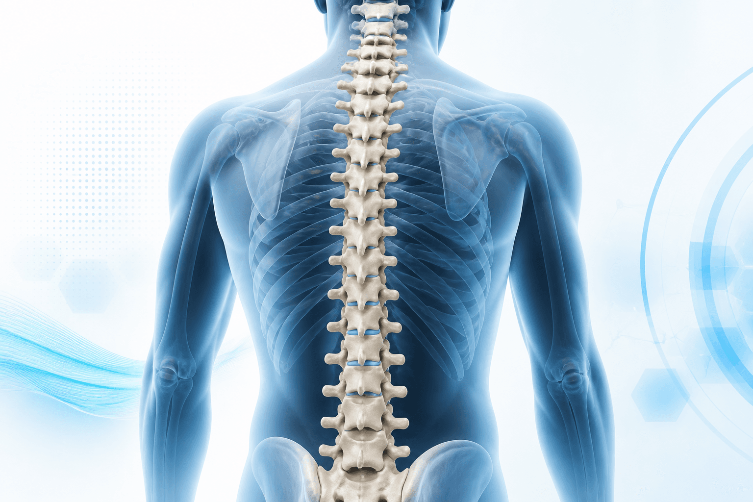Medical illustration focused on the vertebral column and spine care